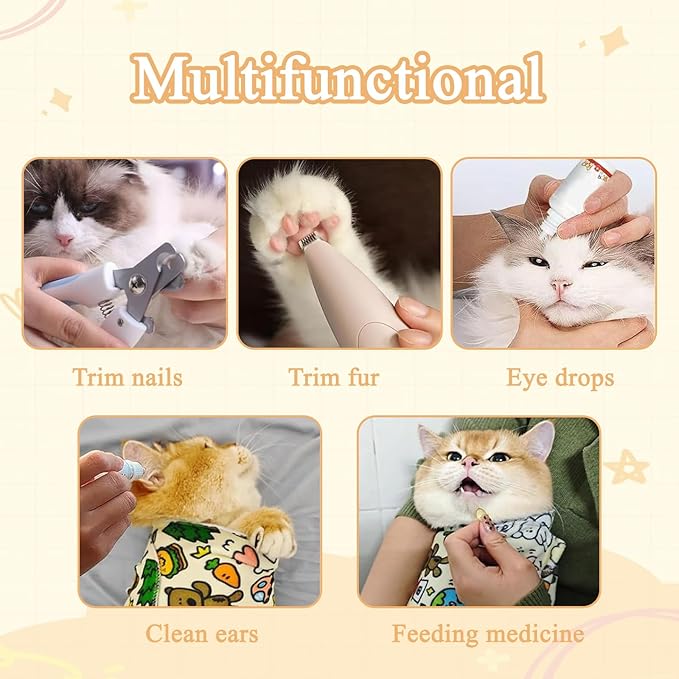 27.6x27.6 Cat Wrap for Cutting Nails, Cat Grooming Wrap with Pet Hair Removal Glove, Cats Restraint for Nail Clipping Ear Cleaning Teeth Brushing