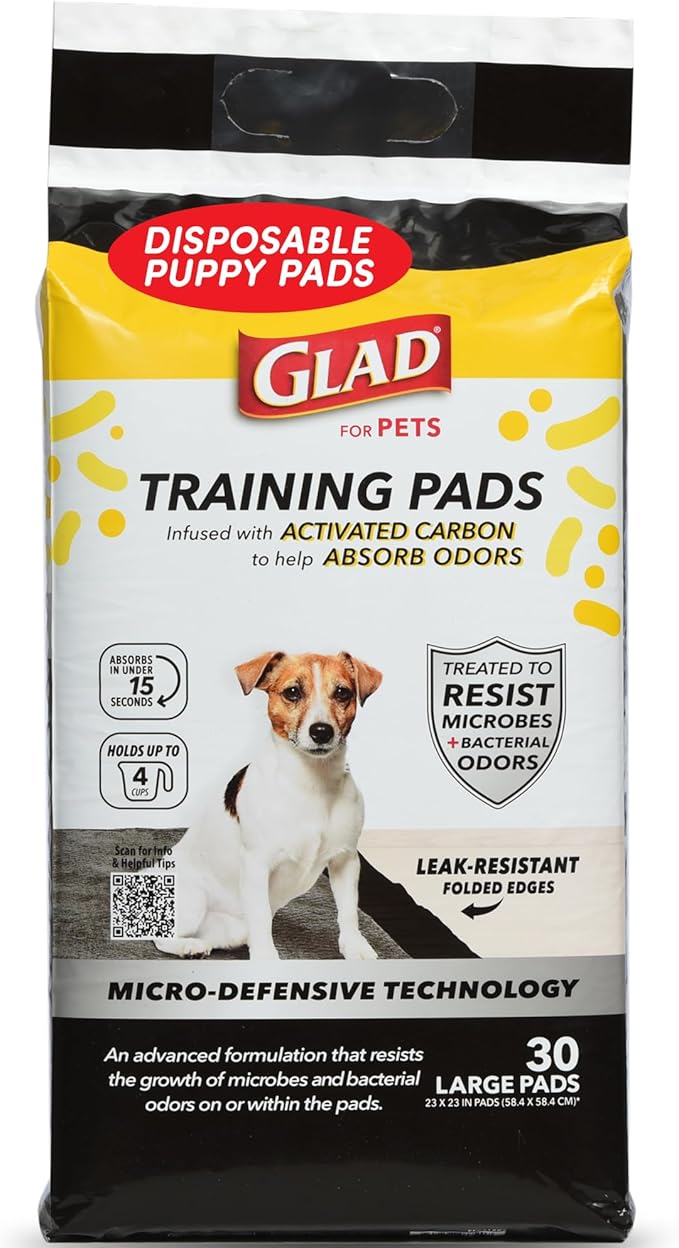 Glad for Pets Activated Carbon Dog Training Pads with Anti-Microbial Technology, Odor Eliminator Pee Mats for Dogs, 6-Layer Leak-Proof Heavy Duty Indoor Puppy Potty Pads, 23 x 23 Inches, 30 Count