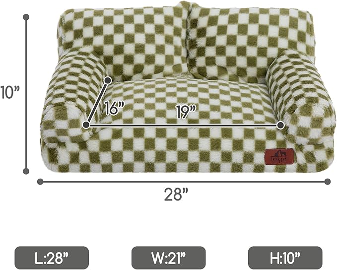 Hollypet Fluffy Plush Dog Cat Pet Couch Soft Calming Sofa Bed for Medium Small Cats and Dogs, Green and White