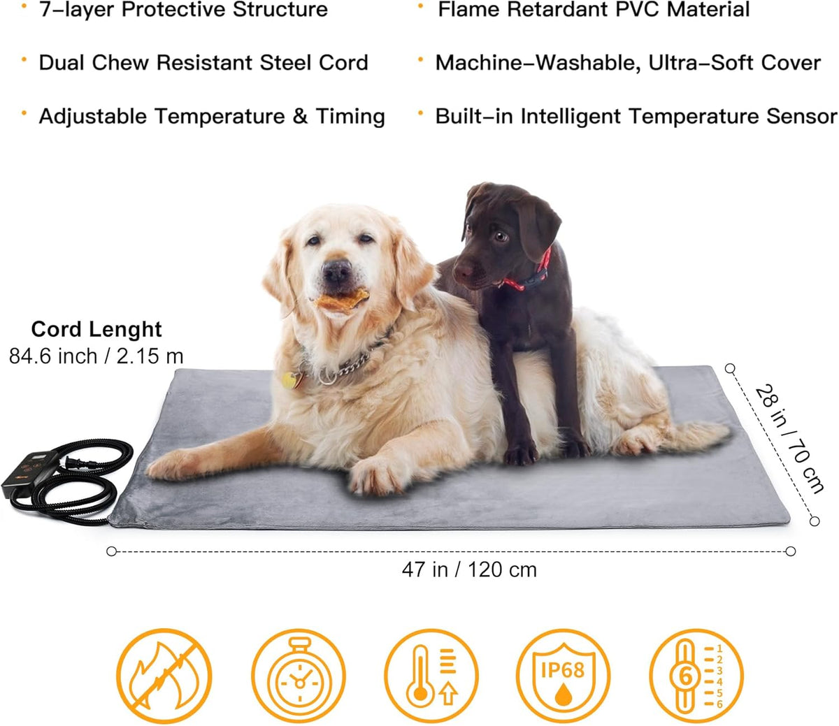 Toozey XL Pet Heating Pad, Waterproof & Chew Resistant, 6 Temp Settings with Timer, 47x28 in for Dogs & Cats