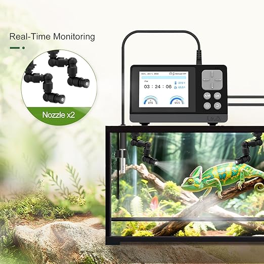 J&A Smart Reptile Mister, Automatic Misting System for Tanks - Programable Timer with Temperature/Humidity Probe, Ideal for Reptile Habitat (Black)