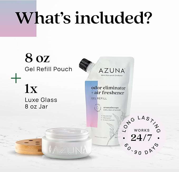 Azuna Air Freshener & Odor Eliminator for Strong Odor | 1 Room Kit Includes (1) Empty Luxe Glass Jar & 8oz Refill with Tea Tree Essential Oil Gel | Aromatherapy | Last 60-90 Days