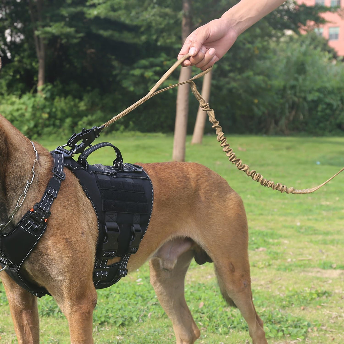 ICEFANG Tactical Dog Leash,K9 Training Walking Bungee Lead with 2 Control Handle,Heavy Duty Quick Release Metal Clasp,Hands Free D-Ring for Medium Large Dogs (6ft,Reflective Brown)