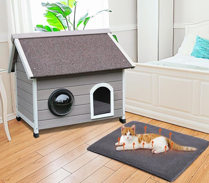 Rockever Outdoor Cat House, Feral Cat House Outdoor Weatherproof with Escape Door and Clear Windows for 2 Cats(with Self Warming Mat)