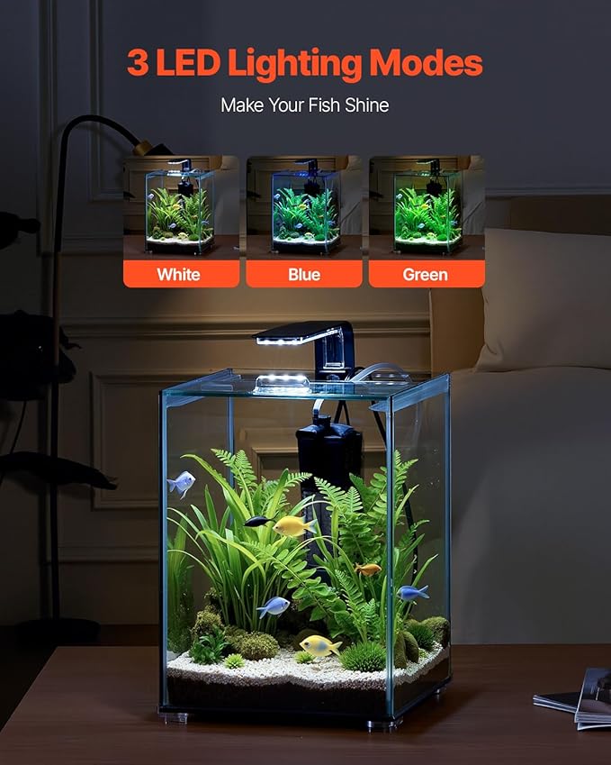 VEVOR Fish Tank Aquarium, 5 Gallon Square Ultra-Clear Glass Starter Smart Tank Adjustable 3 Color Lighting, Self Cleaning System Fishbowl for Freshwater & Saltwater Fish Home, Office, or Pet Use