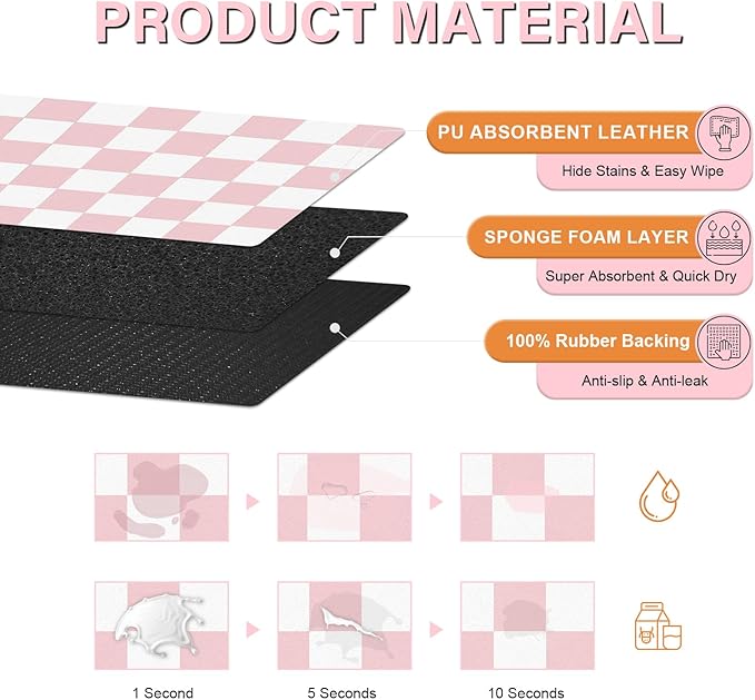 Cat Food Mat - 12"x 20" Cat Dog Mats for Food and Water Bowl, Checkered Pet Placemat Feeding Mat, Non-Slip Under Pet Bowls Mats for Messy Drinkers, Pink & White