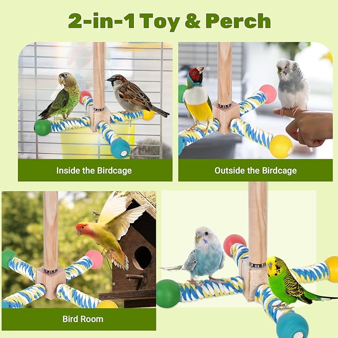 Bird Perch Toy, Parrot 360° Interactive Rotating Toy for Parakeets - Natural Wood & Cotton Rope, Detachable Interactive Bird Toy, Chewable Design Reduces Boredom Anxiety for Small Birds