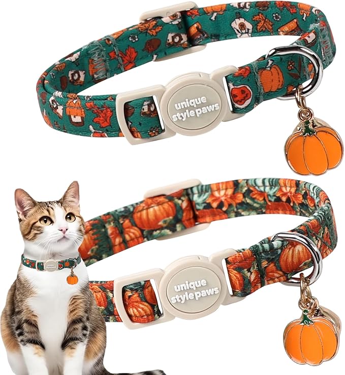 Unique style paws 2 Pack Autumn Halloween Kitten Collar Breakaway with Bell&Pendant, Adjustable Safety Oil Painting Pumpkin Party Cat Cotton Collar for Girl Boy Cat and Small Pet