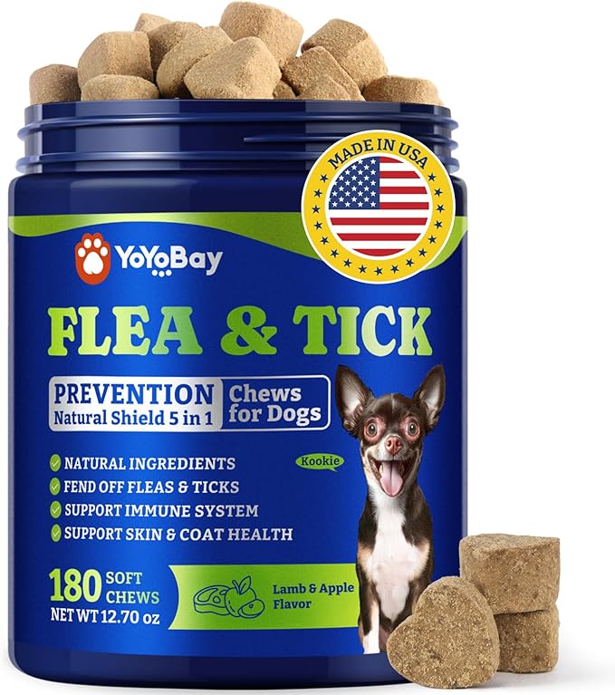 Flea & Tick Prevention for Dogs Chewables, YoYoBay Natural Dog Fleas and Ticks Control Supplement, Dogs Supplement, Natural Shield 5-in-1 Protection, Lamb & Apple Flavor, 180 Soft Chews
