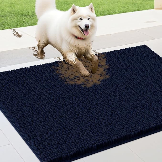 IM HOME 36" x 24" Navy Blue Dog Door Mats for Muddy Paws, Chenille Absorbent Dog Mat, Non Slip Heavy Mud Mat for Dogs, Soft Pet Bed Mat for Entryway, Mud Paws, Inside Floor