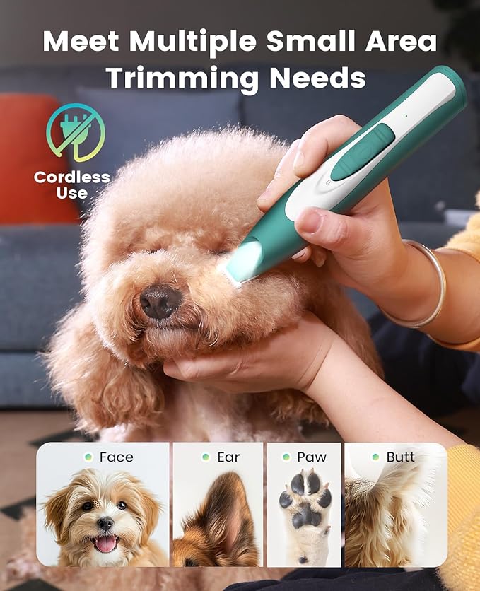 oneisall Low Noise Dog Paw Trimmer with LED Light, Paw Trimmer for Dogs 0.8inch/20mm Widen Blade, 35dB Cordless Electric Pet Paw Grooming Clippers for Paws, Ears, Face, Rump (Green)