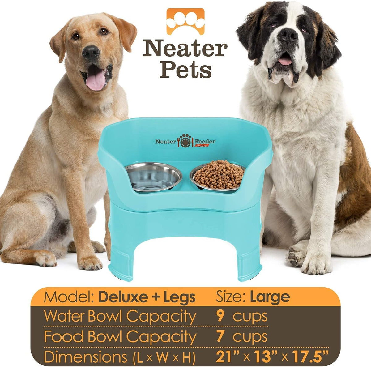 Neater Feeder Deluxe Mess Proof Dog Bowls Elevated for Large Dogs – Made in USA – No Spill Raised Dog Food Bowl Stand w/Leg Extensions – Stainless Steel Dog Food and Water Bowl Set – Teal