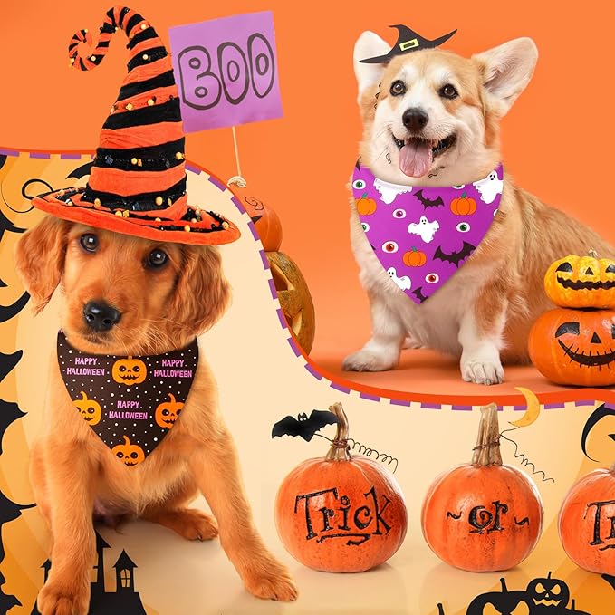 Weewooday 50 Pcs Halloween Dog Bandanas Bulk Pumpkin Ghost Bandanas for Dogs Soft Triangle Bibs Adjustable Triangle for Small Medium Large Pets Halloween Party Costume(25.6 x 17.7 x 17.7 inch)
