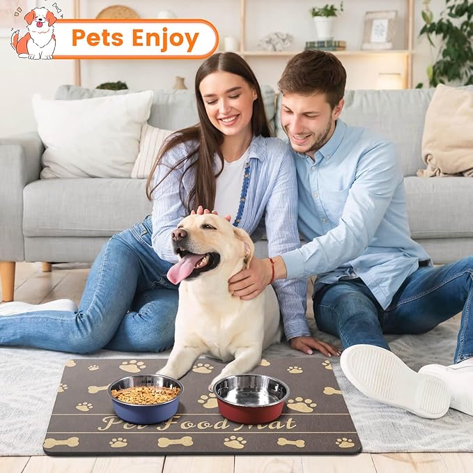 Pet Feeding Mat-Absorbent Pet Placemat for Food and Water Bowl, with Waterproof Rubber Backing, Quick Dry Water Dispenser Mat for Dog and Cat (17"x27", Brown)