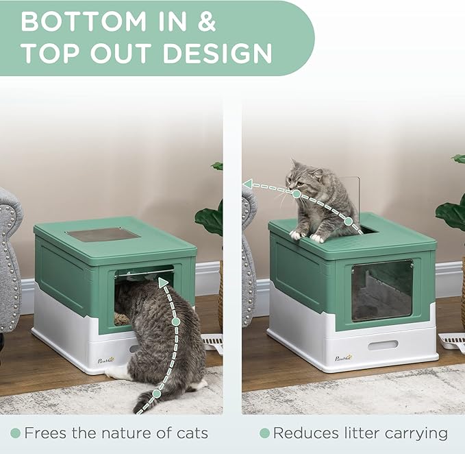 PawHut Fully Enclosed Litter Box with Scoop, Hooded Litter House with Drawer Tray, Foldable Smell Proof Cat Potty with Front Entry, Top Exit, Portable Pet Toilet with Large Space, Green