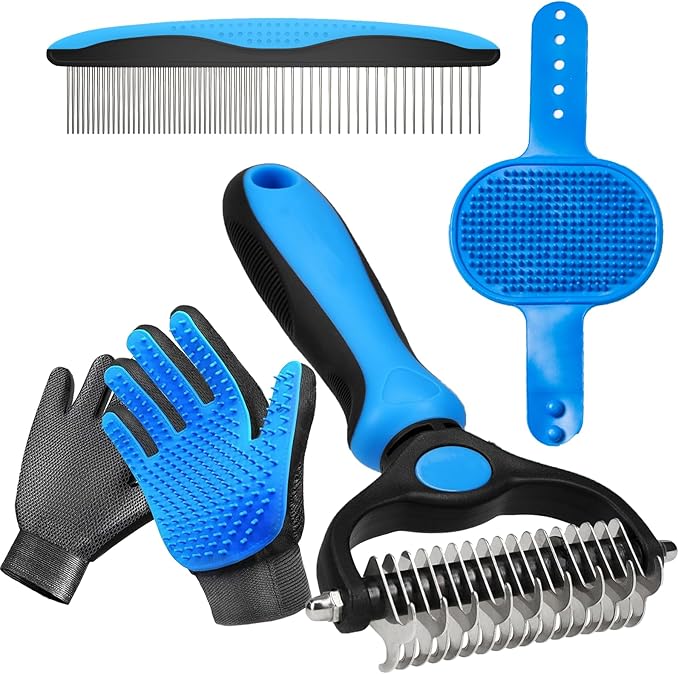 4 Pack Pet Grooming Kit - Deshedding Rake, Fine Tooth Comb, Grooming Gloves & Bath Brush for Dogs,Cats and Horses - Skin Friendly Deshedding Grooming Tool (Blue)