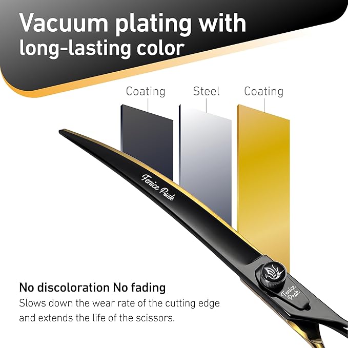 Fenice Peak 7'' Black Dog Grooming Scissors Goldern Curved Scissors with Ergonomic Offest Handle and Pattern Screw Pet Grooming Trimming Shears Durable and Sharp 440C