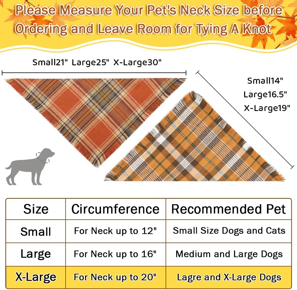 Vivifying Halloween Dog Bandanas, 2 Pack Thanksgiving Fall Classic Plaid Dog Scarf with Tassels Edges, Funny Pet Apparel & Accessories Costume for Photo Prop, and Party Decor (X-Large, Yellow&Orange)