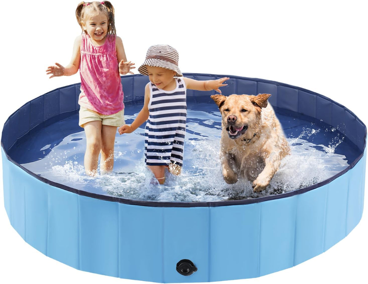 Foldable Dog Bath Swimming Pool Plastic Kiddie Pool Professional Tub Collapsible Grooming Bathtub for Pets Kids Baby and Toddler, 55 x 12 Inches Blue