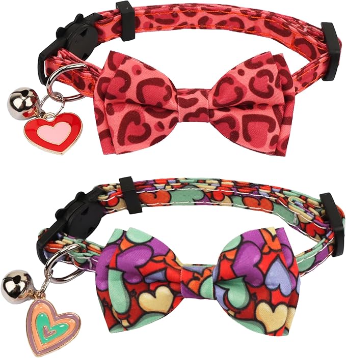ADOGGYGO Valentine Cat Collar with Removable Bow Tie Bell - 2 Pack Holiday Valentine Heart Collar for Cat Kitten