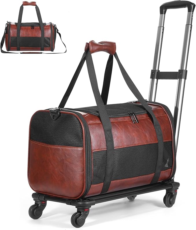 Airline Approved Pet Carrier with Wheels, Rolling Soft Sided Dog Cat Travel Bag, Premium Fashion Leather Small Pet Carrier Purse for Puppies and Cats Coffee