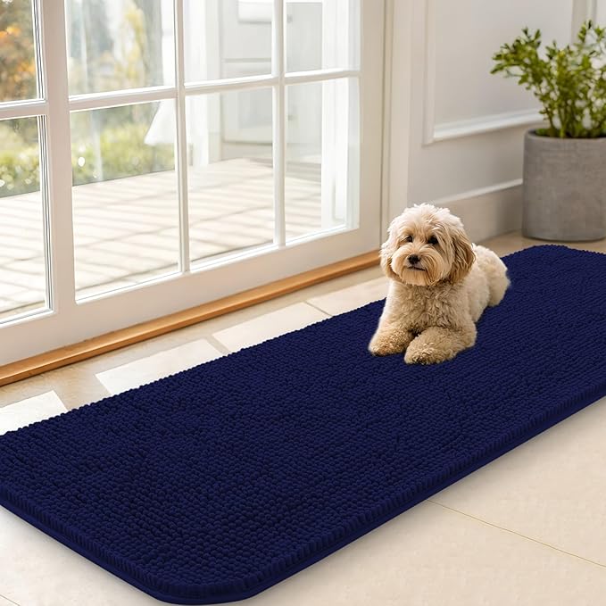 OLANLY Dog Door Mat for Muddy Paws 59x20, Absorbs Moisture and Dirt, Absorbent Non-Slip Washable Doormat, Quick Dry Chenille Mud Mat for Dogs, Entry Indoor Entryway Carpet for Inside Floor, Navy Blue
