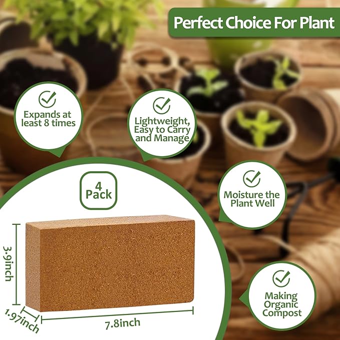 Riare 4pcs Organic Coco Coir Bricks Soil Blocks- 100% Natural Compressed Coco Peat Brick Coconut Fiber Substrate with Low EC& pH Balance, High Expansion Coco Coir Pith Coconut Husk for Garden