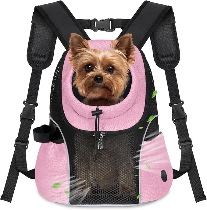 WOYYHO Pet Dog Carrier Backpack Small Dog Front Backpack Ventilated Mesh Dog Travel Back Pack with Safety Belt for Travel Hiking Cycling Outdoor Adventures (Size S: 2-4.5 lbs, Pink)