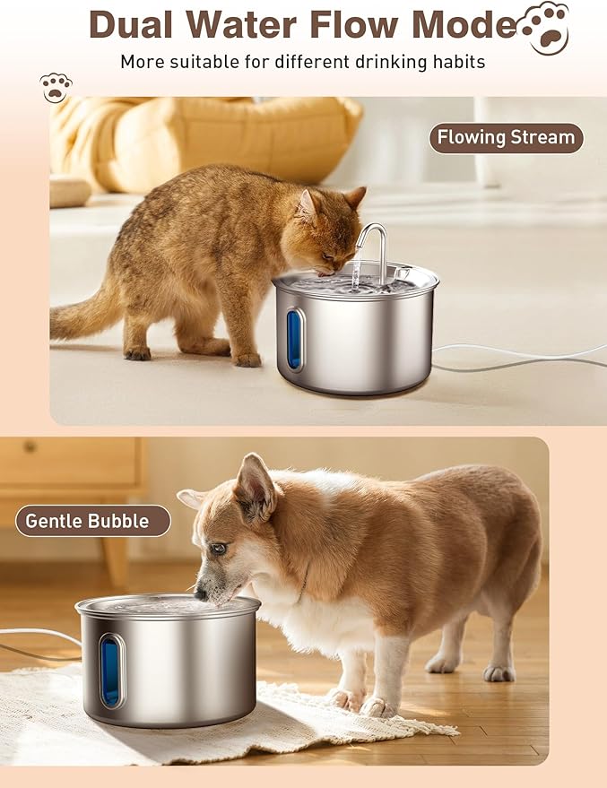 Stainless Steel Cat Water Fountain, 3.2L/108oz Quiet Automatic Cat Water Dispenser, Indoor Pet Spout, Dog Drinking Bowl with 1x Filter & 1x Sponge for Cats/Dogs/Multiple Pets - Silver