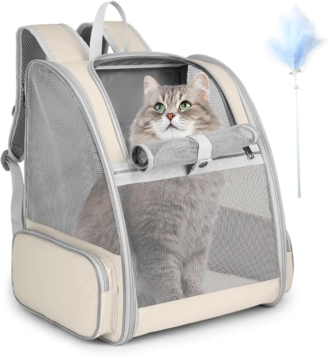 Cat Backpack Carrier, Large Pet Carrier Backpack with Kitten Wand Feather Toy for Medium Small Dog Cat Puppy Kitty Bunny up to 15lbs, Ventilated Mesh Kitten Bookbag for Travel Walking Outdoor (Beige)