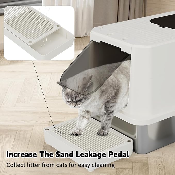 RIZZARI Stainless Steel Cat Litter Box, Enclosed Top-Entry Design, Large Capacity High-Sided Leak Proof Litter Pan for Cats, Easy Clean Pet Toilet (Beige, with Cat Litter)