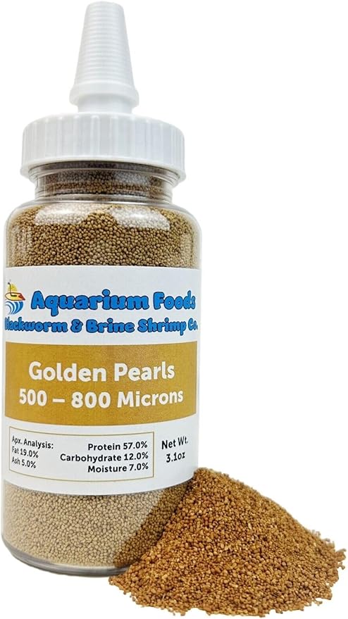 Aquatic Foods Inc. Small Fry Food Micro 500-800 Golden Pearls Baby Food for Newborn & Juvenile Freshwater Fish, Marines, Corals, Anemones, Baby Koi and Pond Fish…3.1oz Squeeze Bottle