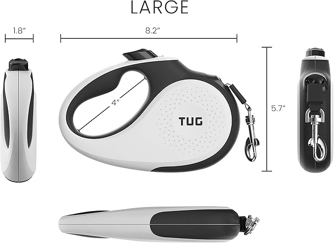 TUG 360° Tangle-Free Retractable Dog Leash | 16 ft Strong Nylon Tape | One-Handed Brake, Pause, Lock (Large, White)
