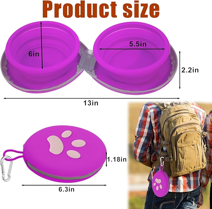 Collapsible Dog Bowls, 2-in-1 Silicone Pet Food and Water Bowl with Carabiner, Portable Double Compartment Dish for Travel, Camping, Hiking Puppy Essentials (Purple)