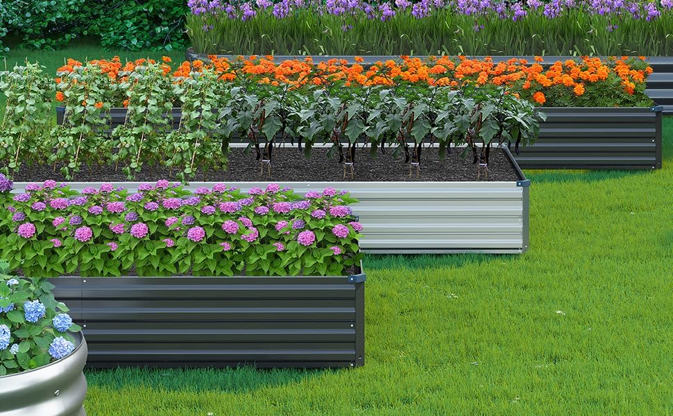 MGNO 2pcs 8x4x1FT Galvanized Raised Garden Bed-Outdoor Planter Box for Vegetables-Metal Garden Bed,Rectangle Planting Box for Herb,Flower,Black