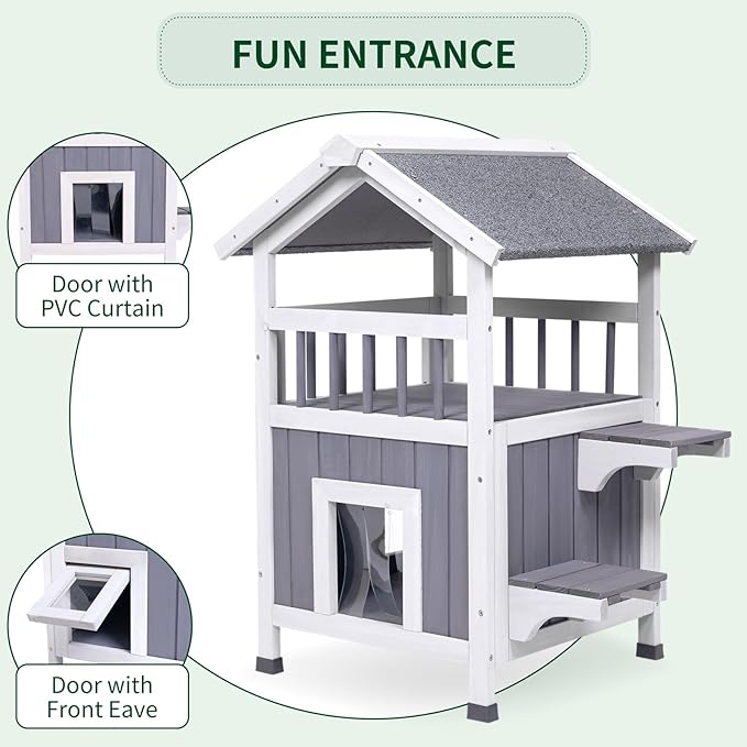 GEGURI Outdoor Cat House Weatherproof, Wooden Two-Story Feral Cat Shelter with, Escape Door, Balcony