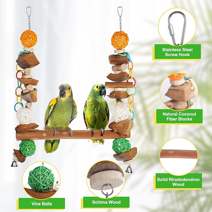 3-in-1 Parrot Toys Natural Coconut Fiber Parrot Hammock (Swing + Perch + Chew Toy) Natural Bird Perches for Medium Large Birds - 23" Bird Toys for Parrots Stand
