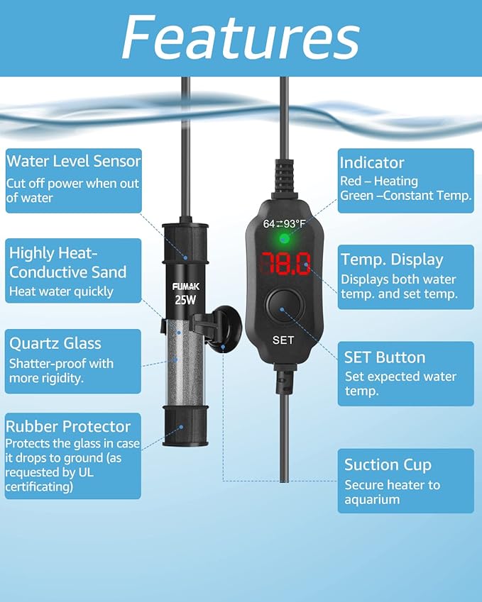 25W Adjustable Aquarium Heater Super Short Submersible Fish Tank Heater Fish Heater with LED Digital Display Thermostat, for Tanks 3-5 Gallons