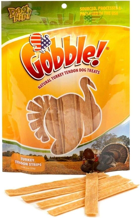 Gobble! 6-Inch Turkey Tendon Strips for Dogs, 6 oz. (170g) Reseal Value Bag, Made in USA, All-Natural Hypoallergenic Dog Chew Treat | Sourced, Processed & Packaged in The USA | (45-50 Pieces)