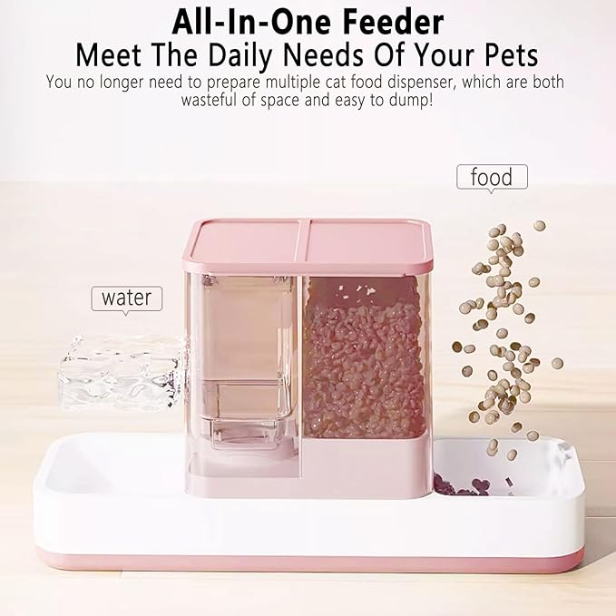 kathson Gravity Cat Food and Water Dispenser Automatic Dog Feeder Waterer 2 in 1 Auto Pet Food and Water Bowl Set Self Feeding for Puppy Kitten，Pink