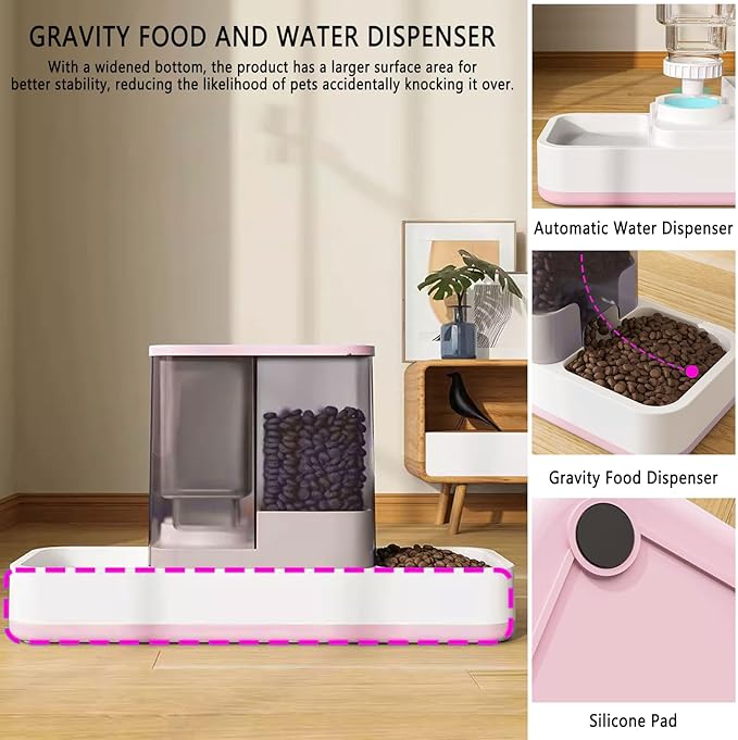 kathson Gravity Cat Food and Water Dispenser Automatic Dog Feeder Waterer 2 in 1 Auto Pet Food and Water Bowl Set Self Feeding for Puppy Kitten，Pink