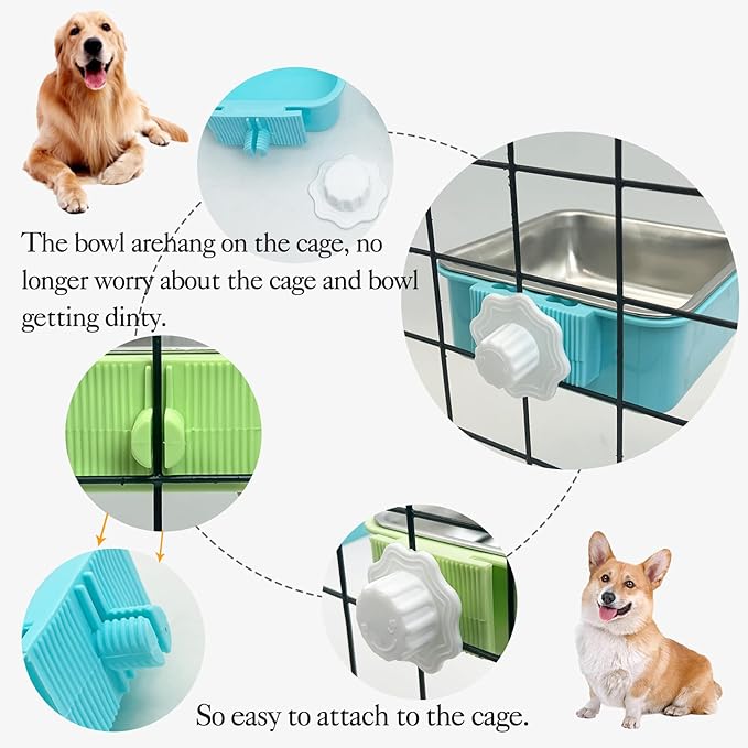 kathson Crate Dog Bowl, Removable Stainless Steel Hanging Pet Kennel Cage Bowl Food & Water Feeder Coop Cup for Puppy, Cat, Rabbit, Guinea Pigs 2pcs Small Square(Blue, Green)