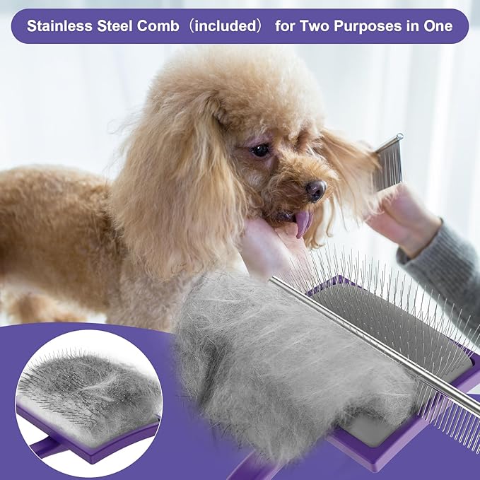 Slicker Brush for Long Haired Dog, Long Bristle Dog Brush, Professional Grooming Tool for Poodle, Goldendoodles, Labradoodles, Easy to Remove Loose Fur, Tangles, Mats, Fluff, Purple
