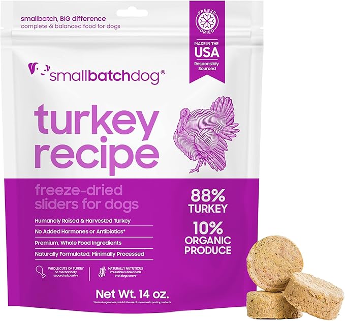 smallbatch Pets Freeze Dried Raw Dog Food, Turkey Recipe, 14 oz, Organic High Protein Dog Food, Grain Free, Made in The USA, Humanely Raised Meat, Single Protein, for Picky Eaters, Hydrate & Serve