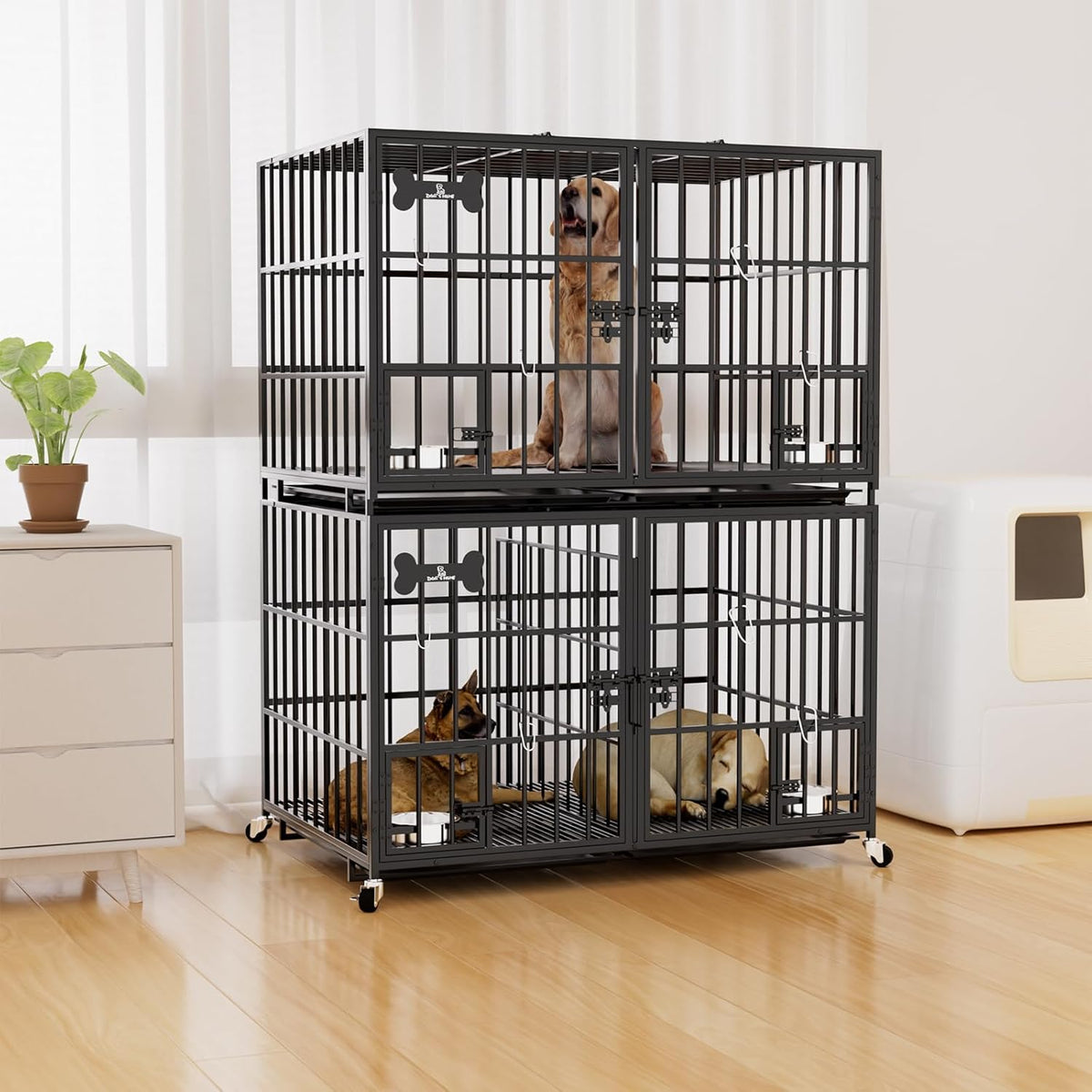 aboxoo 42 inch Stackable Heavy Duty Metal Dog Crate for 4 Dogs/Large Dog,All Metal Open Top Access,Escape Proof Cage,Dog Kennel Indoor with Wheels,Floor Grid, Tray, Divider and Feeding Bowl