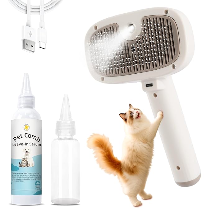 Cat Steam Brush, Dog Brush for Shedding, Pet Spray Hair Removal Comb, Pet Grooming Brush for Short & Long Haired Dogs & Cats,Spritz Defur Comb with Waterless Shampoo (White)