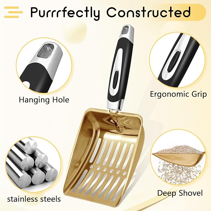Stainless Steel Cat Litter Scoop,Metal Cat Litter Scoop,Kitty Metal Scooper,Sturdy Mesh Scooper,Suitabla cat Scooper for Cat Litter Box(Gold)