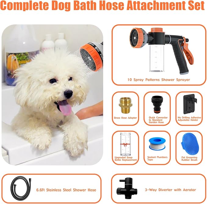 Dog Washing Hose Attachment for Pet Bathing with Black Shower Diverter, Pup Dog Wash Hose Nozzle Shampoo Sprayer for Indoor Outdoor Pet Shower, Dog Shower Attachment with Dog Brush