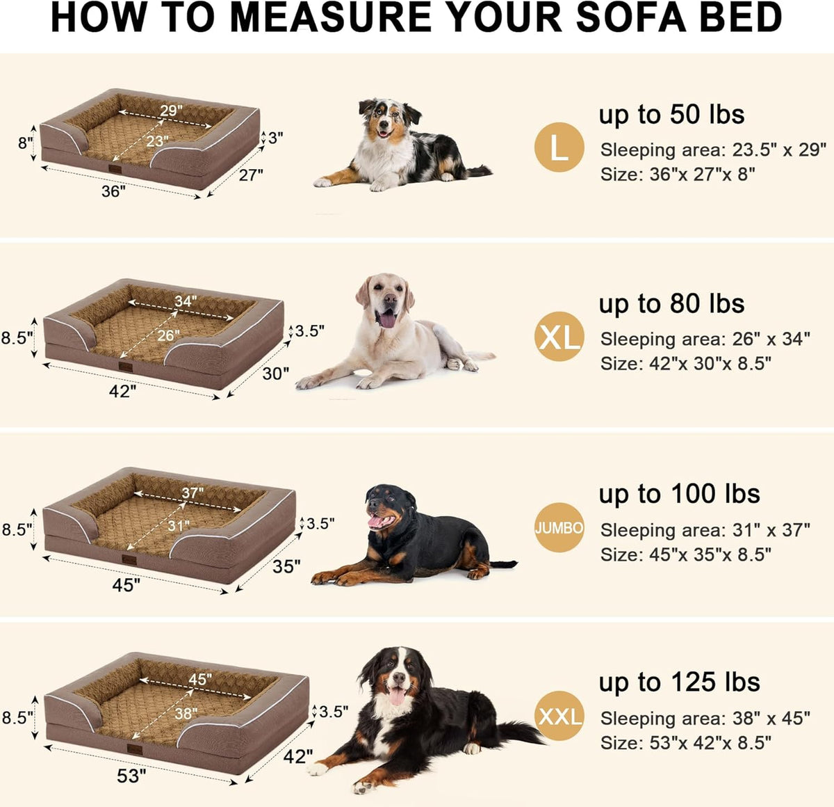 Orthopedic Dog Beds, Waterproof Memory Foam Large Sized Dog Bed with Sides, Non-Slip Bottom and Egg-Crate Foam Big Dogs Beds with Removable Washable Cover(Large,Brown)