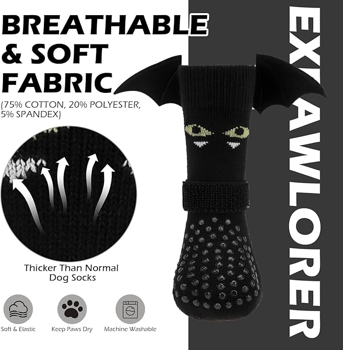EXPAWLORER Halloween Anti Slip Dog Socks to Prevent Licking Paws, Boots & Paw Protectors with Grippers,Doggie Booties for Hardwood Floors for Small Medium Large Senior Dogs Costume Black Devil Wings M